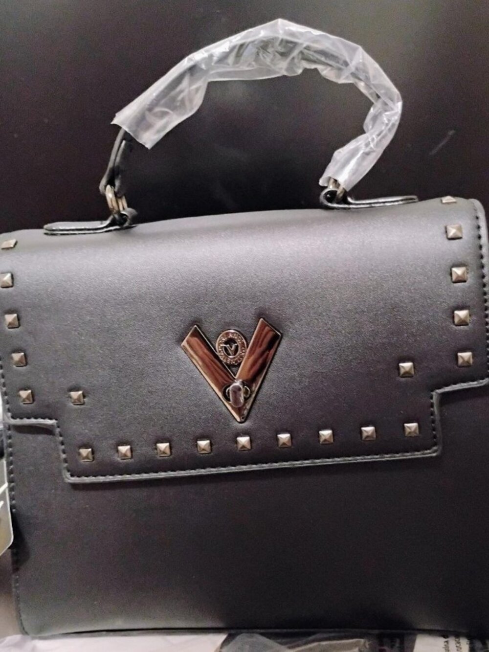 Valentino Orlandi Purse With Coin Purse Black With Gunmetal Vegan Leather NEW